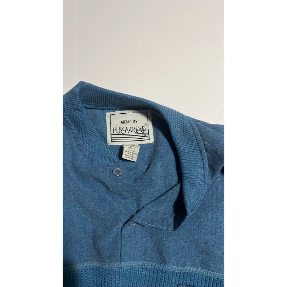 Huk-A-Poo Men's L Blue Waffle Knit Polo Shirt 80s